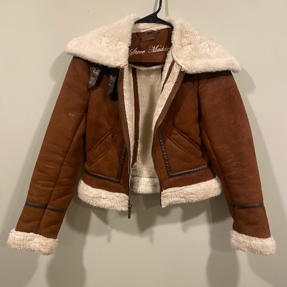 Steve Madden Brown Faux Suede Teddy Jacket with Cream Accents